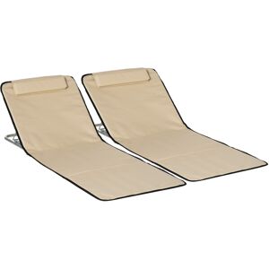 Outsunny Set of 2 Foldable Garden Beach Chair Mat Lightweight Outdoor Sun Lounger Seats Adjustable Back Metal Frame PE Fabric Head Pillow, Beige