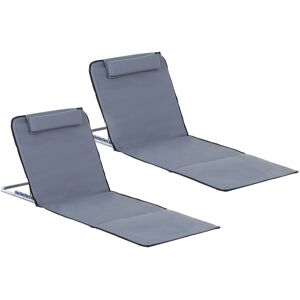 Outsunny Set of 2 Foldable Garden Beach Chair Mat Lightweight Outdoor Sun Lounger Seats Adjustable Back Metal Frame PE Fabric Head Pillow, Grey