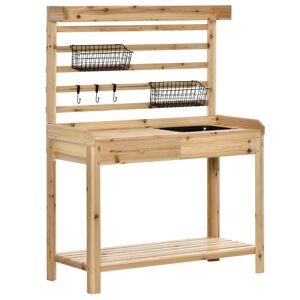 Outsunny Garden Potting Bench, Workstation with Metal Sieve, Removable Sink, Hooks, Baskets, for Patio, Balcony