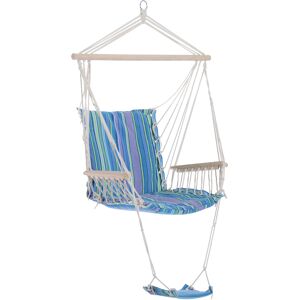 Outsunny Garden Yard Patio Swing Seat, Outdoor Hammock Hanging Rope Chair, Wooden with Footrest Armrest, Cotton Cloth, Blue