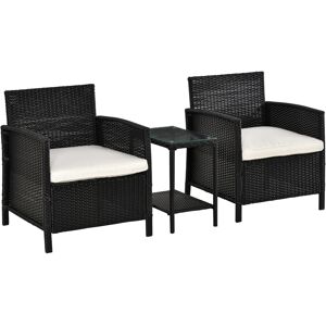 Outsunny Rattan Garden Furniture Outdoor 3 Pieces Patio Bistro Set Jack and Jill Seat Wicker Weave Conservatory Sofa Chair Table Set w/Cushion Black