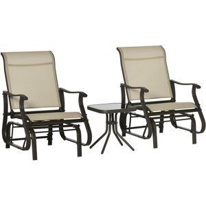 Outsunny Set of 3 Gliding Chair & Tea Table Set, Outdoor Rocker Set with 2 Armchairs, Tempered Glass Tabletop, Khaki