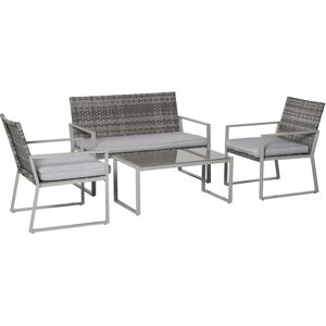 Outsunny Rattan Garden Furniture Set, 4-Seater, 2 Single Sofa Armchairs, 1 Bench, Cushions, Coffee Table, Wicker Weave, Patio Backyard