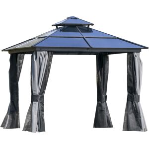 Outsunny 3 x 3(m) Polycarbonate Hardtop Gazebo Canopy with Double-Tier Roof and Aluminium Frame, Garden Pavilion with Mosquito Netting and Curtains