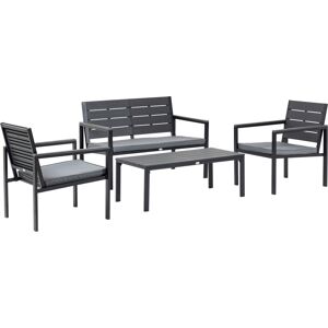 Outsunny 4 Piece Garden Sofa Set with Padded Cushions, Outdoor Conversation Furniture Set with Wood Grain Coffee Table, Steel Frame Grey