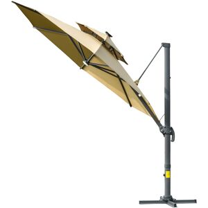 Outsunny 3m Cantilever Parasol w/ Solar Lights Power Bank Cross Base Adjustable Canopy 360° Spin Outdoor Garden Umbrella 2-Tier Roof Sun Shade Khaki