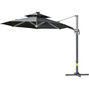 Outsunny 3m Cantilever Parasol w/ Solar Lights Power Bank Cross Base Adjustable Canopy 360° Spin Outdoor Garden Umbrella 2-Tier Roof Sun Shade Grey