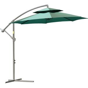 Outsunny 2.7m Cantilever Banana Parasol with Crank Handle, Double Tier Canopy & Cross Base, Outdoor Hanging Sun Shade, Green