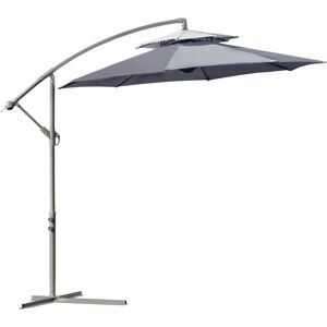 Outsunny 2.7m Garden Banana Parasol Cantilever Umbrella with Crank Handle, Double Tier Canopy and Cross Base for Outdoor, Hanging Sun Shade, Dark Grey