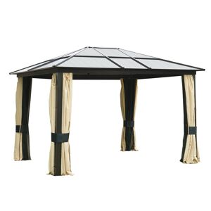 Outsunny 3.6 x 3(m) Hardtop Gazebo Canopy with Polycarbonate Roof and Aluminium Frame, Garden Pavilion with Mosquito Netting and Curtains, Brown