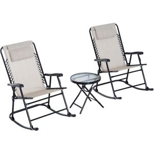 Outsunny 3 Piece Outdoor Rocking Set with 2 Folding Chairs and 1 Tempered Glass Table, Patio Bistro Set for Garden, Deck, Beige