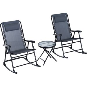 Outsunny 3 Piece Outdoor Rocking Set with 2 Folding Chairs and 1 Tempered Glass Table, Patio Bistro Set for Garden, Deck, Grey