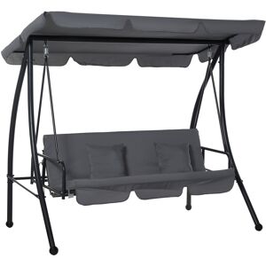 Outsunny 2-in-1 Patio Swing Chair Lounger 3 Seater Garden Swing Seat w/ Convertible Tilt Canopy and Cushion, Dark Grey