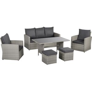 Outsunny 6 PCS Outdoor Patio PE Rattan Wicker Tempered Glass Dining Table Sets for Garden Backyard w/ Cushions & Mixed Grey