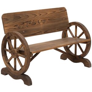 Outsunny Wooden Cart Wagon Wheel 2 Seater Garden Bench Outdoor Chair Rustic High Back Loveseat Burnt Stained