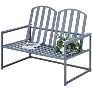 Outsunny Garden Bench Loveseat 2 Seat Chair for Outdoor Park, Yard, Steel Frame, Decorative Slatted Design, Grey