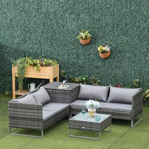 Outsunny 4 PCs Garden Rattan Wicker Outdoor Furniture Patio Corner Sofa Love Seat and Table Set  with Cushions Side Desk Storage - Mixed Grey