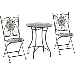 Outsunny 3 Pcs Mosaic Tile Garden Bistro Set Outdoor Seating w/ Table 2 Folding Chairs Set Metal Frame Elegant Scrolling Indoor Patio Balcony