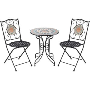 Outsunny 3 Piece Garden Bistro Set, Folding Patio Chairs and Mosaic Round Tabletop for Outdoor, Metal, Balcony, Poolside, Light Blue