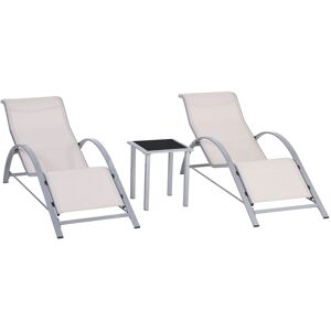 Outsunny 3 Piece Lounge Chair Set, Metal Frame, Outdoor Garden Recliner, Sunbathing Chair with Table, Cream.