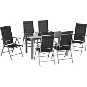 Outsunny 7 Piece Garden Dining Set, Outdoor Table and 6 Folding and Reclining Chairs, Aluminium Frame, Tempered Glass Top Table Texteline Seats Black