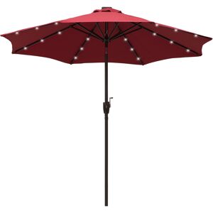 Outsunny Φ2.7m Garden 24 LED Light Parasol Solar Outdoor Tilt Sun Umbrella Patio Club Party Event Manual Sun Shade w/ Hand Crank and 8 Ribs Red