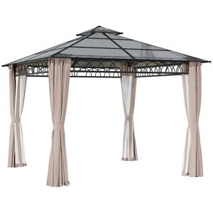 Outsunny 3 x 3 (m) Outdoor Polycarbonate Gazebo, Double Roof Hard Top Gazebo with Galvanized Steel Frame, Nettings & Curtains