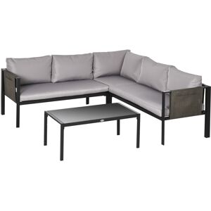 Outsunny 4 Piece Garden Furniture Set Metal Sofa Set w/ Tempered Glass Coffee Table, Conversational Corner Sofa Loveseat w/Padded Cushions Light Grey