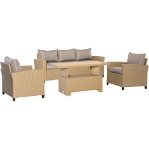 Outsunny Rattan Garden Sofa Set, 5-Seater Patio Conversation Set with Aluminium Frame & Wood Effect Table, Grey