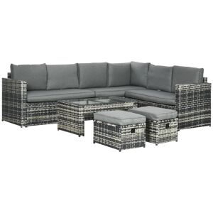 Outsunny 6 Piece Rattan Garden Furniture Set, 8-Seater Outdoor Sofa Sectional with 3 Cushioned Loveseat 2 Footstools Table, Grey