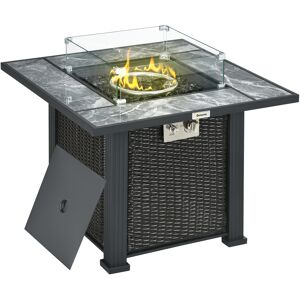 Outsunny Outdoor PE Rattan Gas Fire Pit Table, Square Patio Propane Heater with Marble Desktop, Rain Cover, Glass Windscreen, Glass Stones, Black