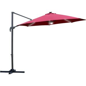 Outsunny 3(m) Cantilever Roma Parasol Adjustable Garden Sun Umbrella with LED Solar Light Cross Base 360° Rotating, Red