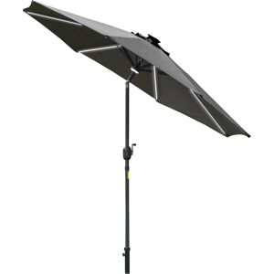 Outsunny 2.7m Garden Parasol Sun Umbrella Patio Summer Shelter w/ LED Solar Light, Angled Canopy Vent, Crank Tilt, Grey