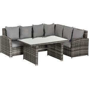 Outsunny 6-Seater PE Rattan Corner Dining Set Outdoor Garden Patio Sofa Table Furniture Set w/ Cushions, Grey