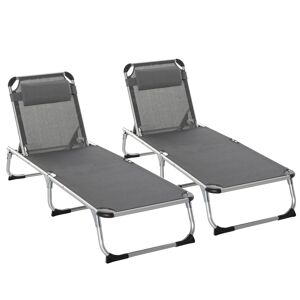 Outsunny Foldable Sun Lounger Set with Pillow, Adjustable Recliner, Aluminium Frame, Camping Cot, Grey