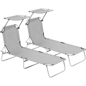 Outsunny Reclining Sun Lounger Set, 2 Foldable Chairs with Canopy, Breathable Mesh Fabric, Adjustable, Light Grey