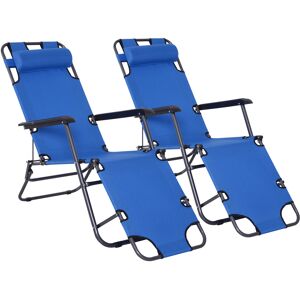 Outsunny 2 Pieces Foldable Sun Loungers with Adjustable Back, Outdoor Reclining Garden Chairs with Pillow and Armrests, Blue