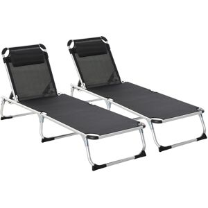 Outsunny Sun Lounger Set, 2 Pieces Foldable Reclining Lounge Chair with Pillow, 5-Level Adjustable, Aluminium Frame, Black.