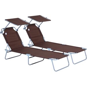 Outsunny Foldable Sun Lounger Set with Canopy, Adjustable Patio Recliner Chairs, Mesh Fabric, Brown, 2 Pcs