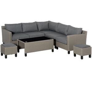 Outsunny 7-Seater PE Rattan Sofa Set Wicker Garden Furniture Patio Conservatory Corner Sofa, w/ Tempered Glass Coffee Table & Cushions, Grey