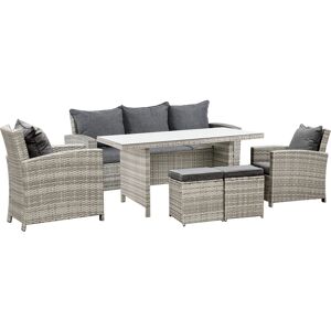 Outsunny 7-Seater Rattan Dining Set Sofa Table Garden Rattan Furniture Footstool Outdoor w/ Cushion, Grey