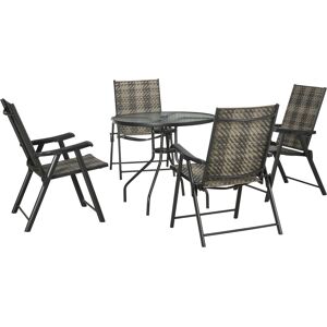 Outsunny 5 Pcs Rattan Dining Sets Garden Dining Set w/ PE Rattan Folding Armchair, Round Glass Top Dining Table with Umbrella Hole, Mixed Grey