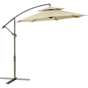 Outsunny 2.7m Garden Banana Parasol Cantilever Umbrella with Crank Handle, Double Tier Canopy and Cross Base for Outdoor, Hanging Sun Shade, Beige