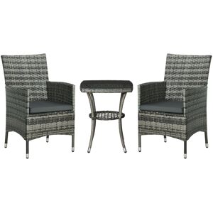 Outsunny 3 PCs Rattan Garden Bistro Set with Cushions Patio Weave Companion Chair Table Set Conservatory, Light Grey