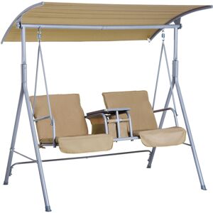 Outsunny 2 Seater Garden Swing Chair Patio Rocking Bench w/ Tilting Canopy, Double Padded Seats, Storage Bag and Tray, Beige