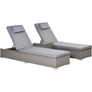 Outsunny 3 Piece Rattan Sun Lounger Set, Garden Furniture with Side Table, 5-Position Adjustable Recline Chair, Grey