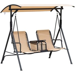 Outsunny 2-Seater Swing Chair Steel Frame Adjustable Canopy Texteline Garden Swing Seat w/ Middle Table Cup Holders Heavy Duty Outdoor Patio - Beige