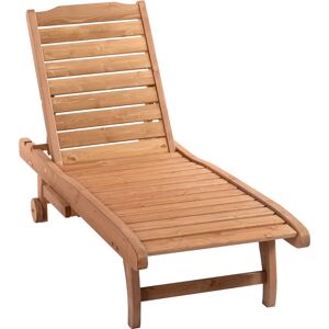 Outsunny Outdoor Wooden Lounger Chair, Sun Bed with Built-In Table, Adjustable Backrest and Wheels, Red Brown