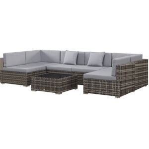 Outsunny 7 Pcs PE Rattan Garden Furniture Set w/ Thick Padded Cushion, Patio Corner Sofa Sets w/ Glass Coffee Table & Pillows, Mixed Grey