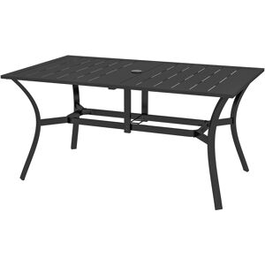 Outsunny Rectangle Garden Dining Table with Parasol Hole, Patio Table with Steel Frame and Slat Tabletop, 150cm x 90cm, Black